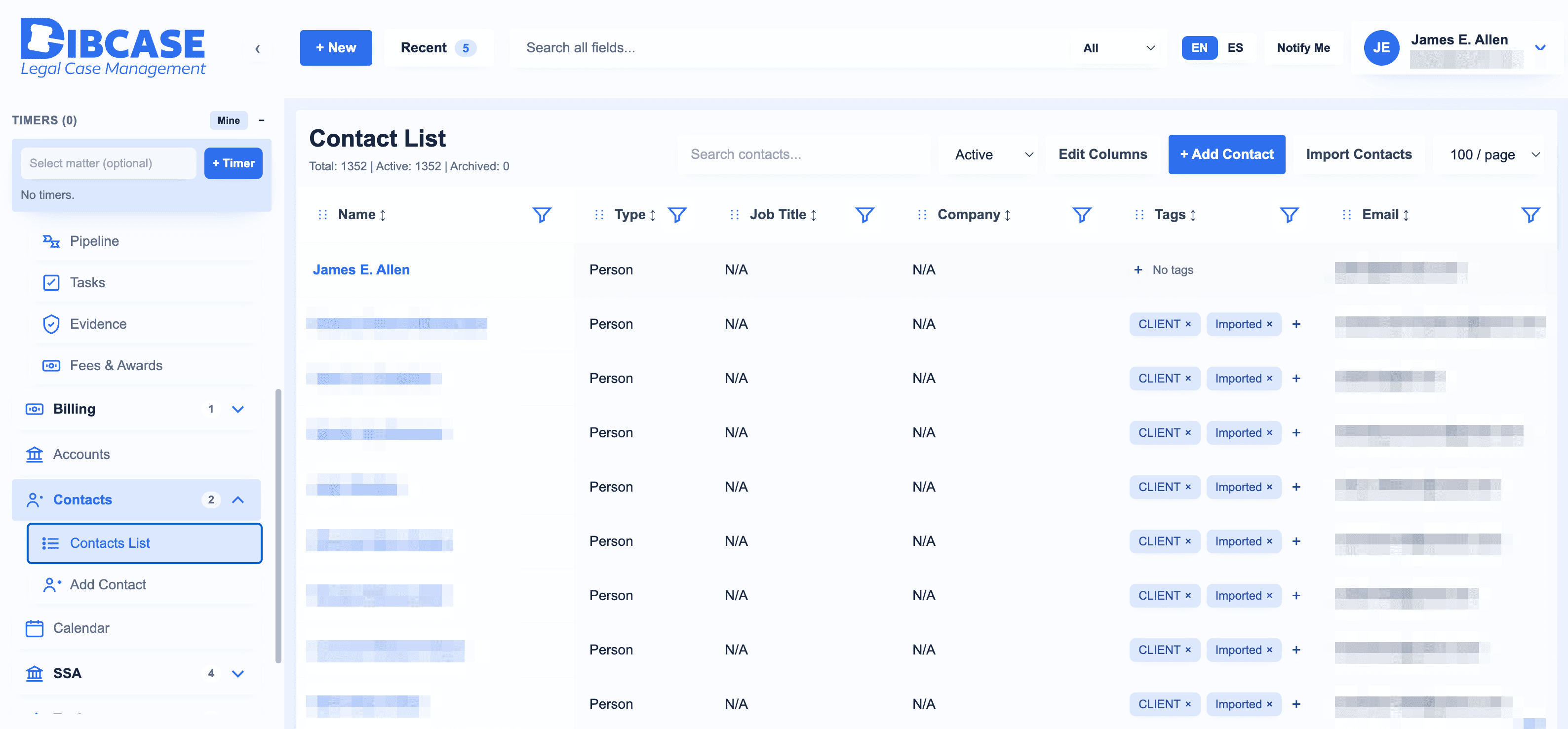Dibcase ProApp Contact List — a searchable client directory with tags, filters and bulk import