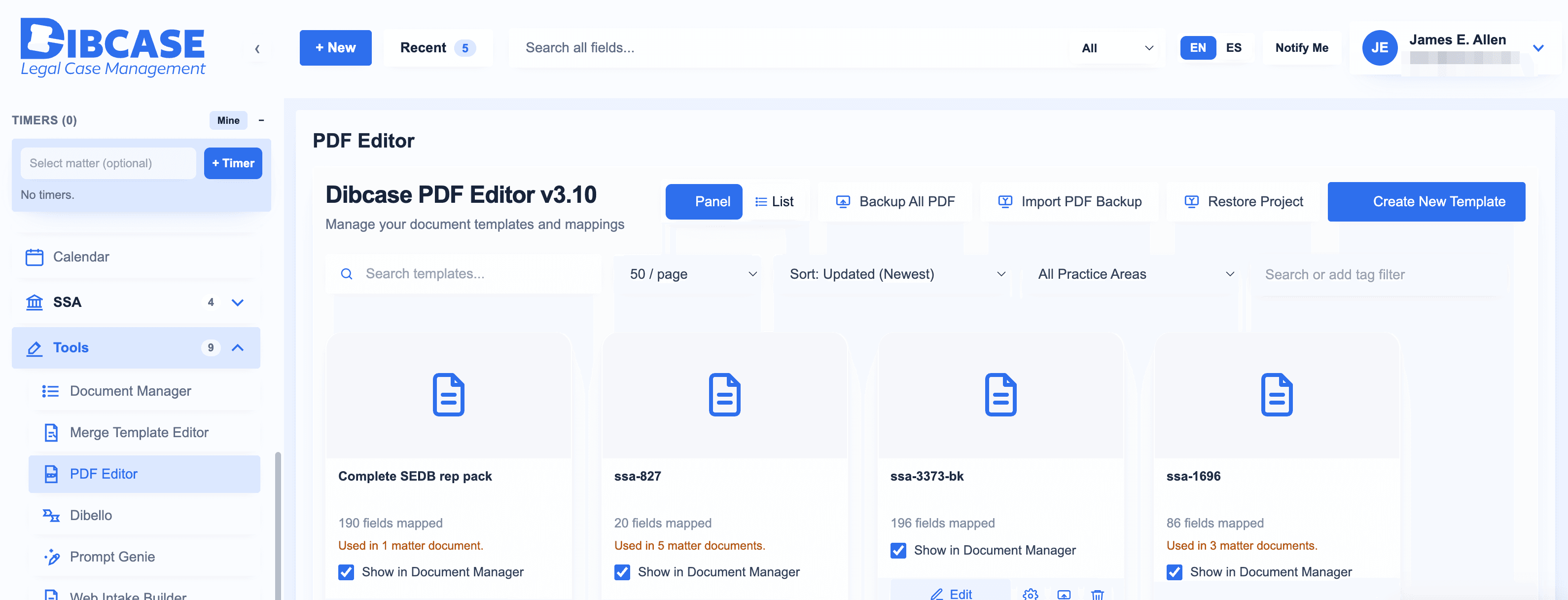 Dibcase ProApp PDF Editor — mapping document template fields for reuse across matters