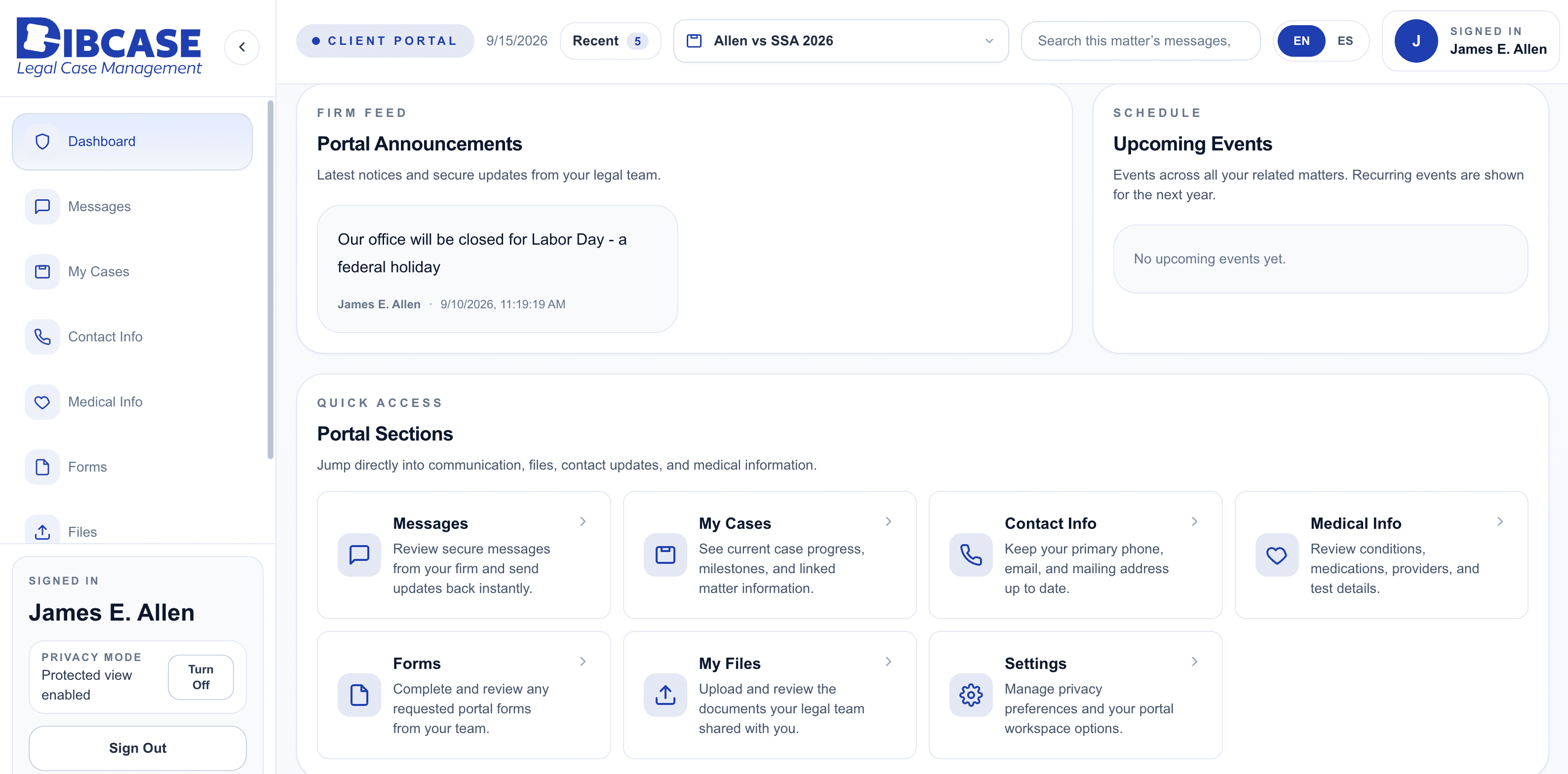 Dibcase ProApp client portal dashboard — announcements, events and quick access to messages, cases, forms and files
